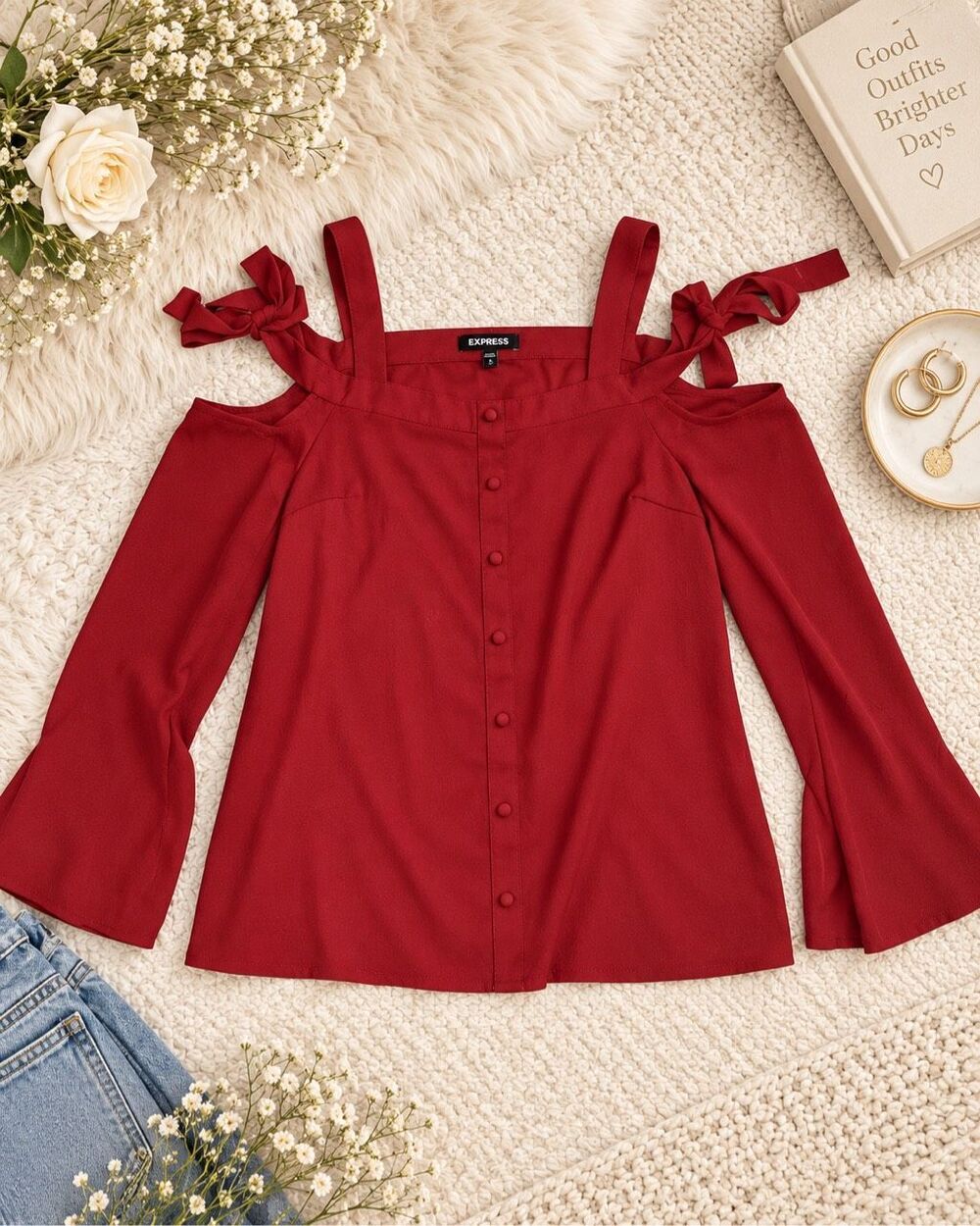 Express Medium Red Burgundy Cold Shoulder Bow Tie Bell Sleeve Button Blouse